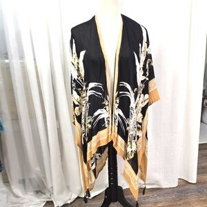 2/$30 Black‎ and Gold Floral Kaftan Kimono One Size Flowy Cover Up